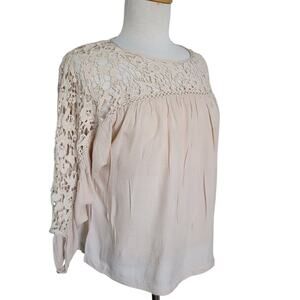 Boho Chic Tunic Blouse Crochet lace Taupe Love Stitch M Cottagecore Whimsy